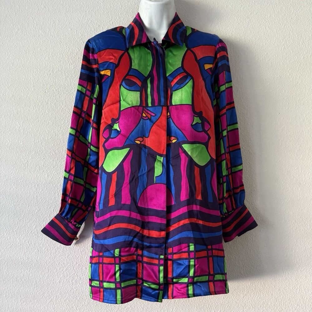 Vintage 80's Escada Picasso Silk Tunic Blouse Size 34 Multicolor Retro Abstract